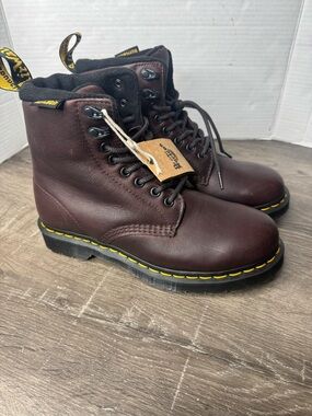 Dr. Martens Dark Brown Leather 6-Eye Lace-Up Work Boots with Yellow Stitching